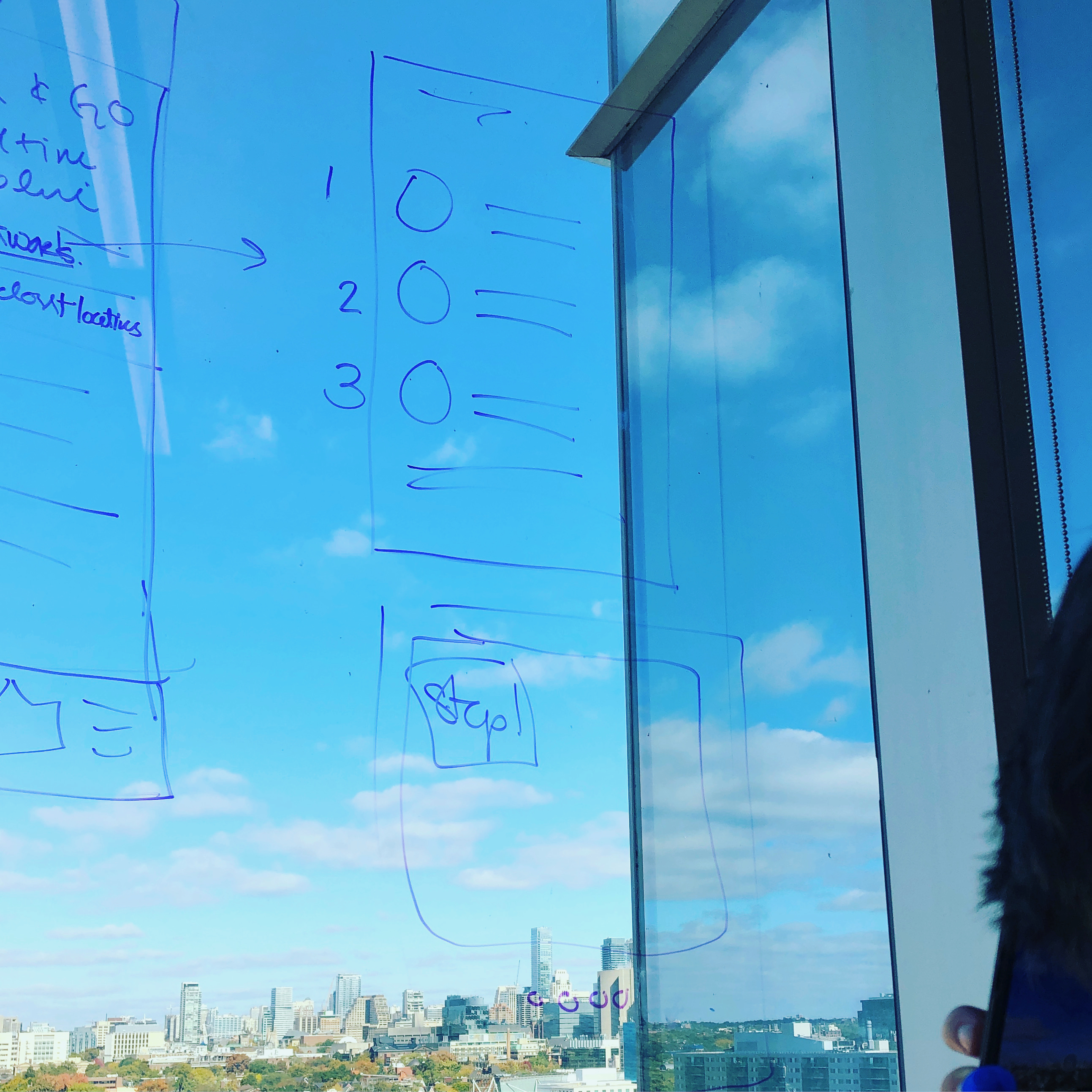 window with a whiteboard sketch of screen on it, with a blue shy and clouds in the background